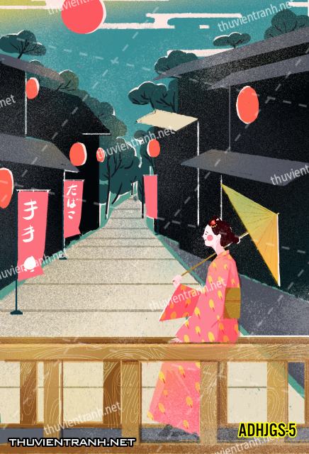 Tranh dán tường Cô gái  Nhật Bản mặc kimono, tranh minh họa cô gái Nhật Bản xưa -ADHJGS-5 - Tranh tường chất lượng cao